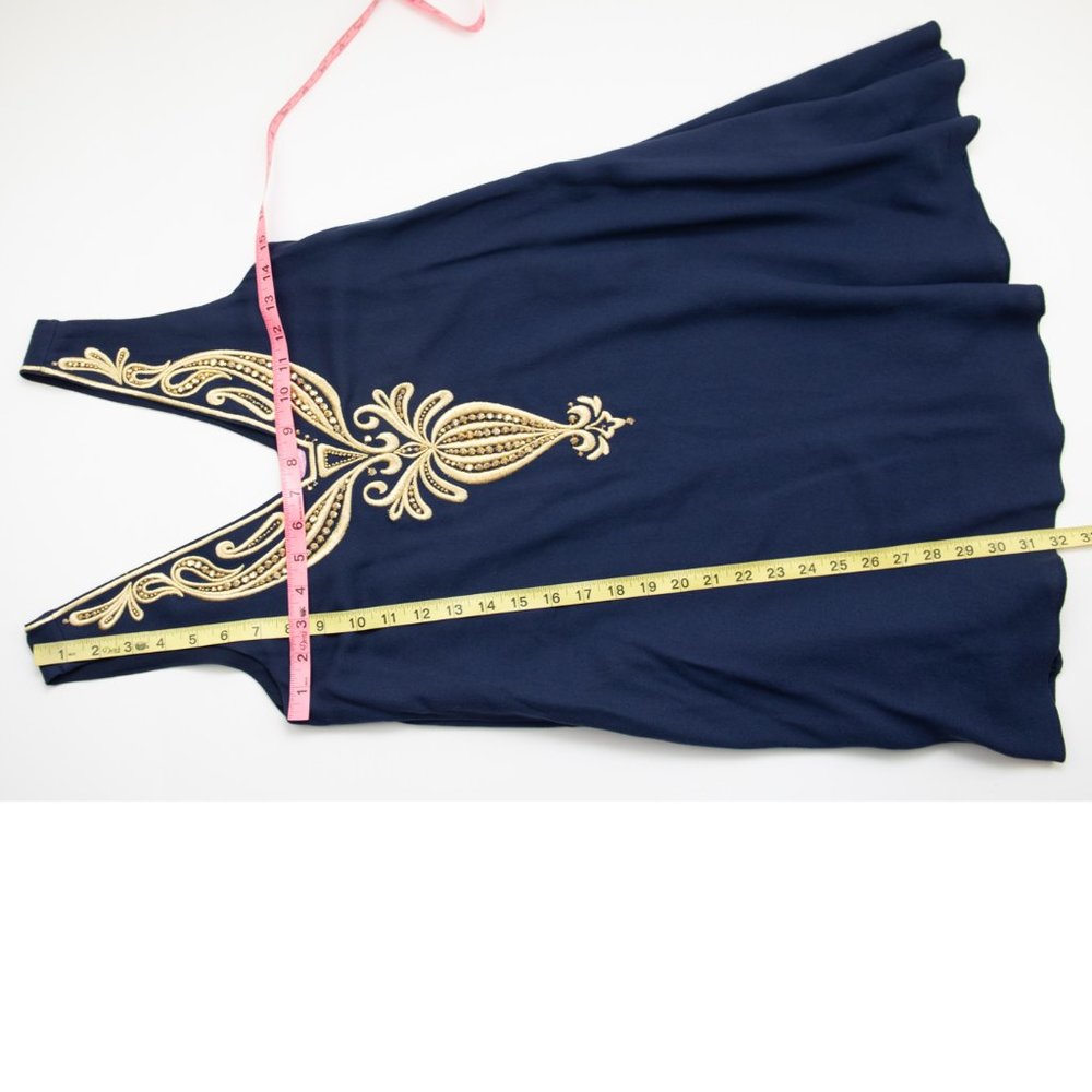 Lilly Pulitzer Owen Dress Trapeze Mini Beaded Rayon True Navy Blue Gold Size XXS - Picture 7 of 7